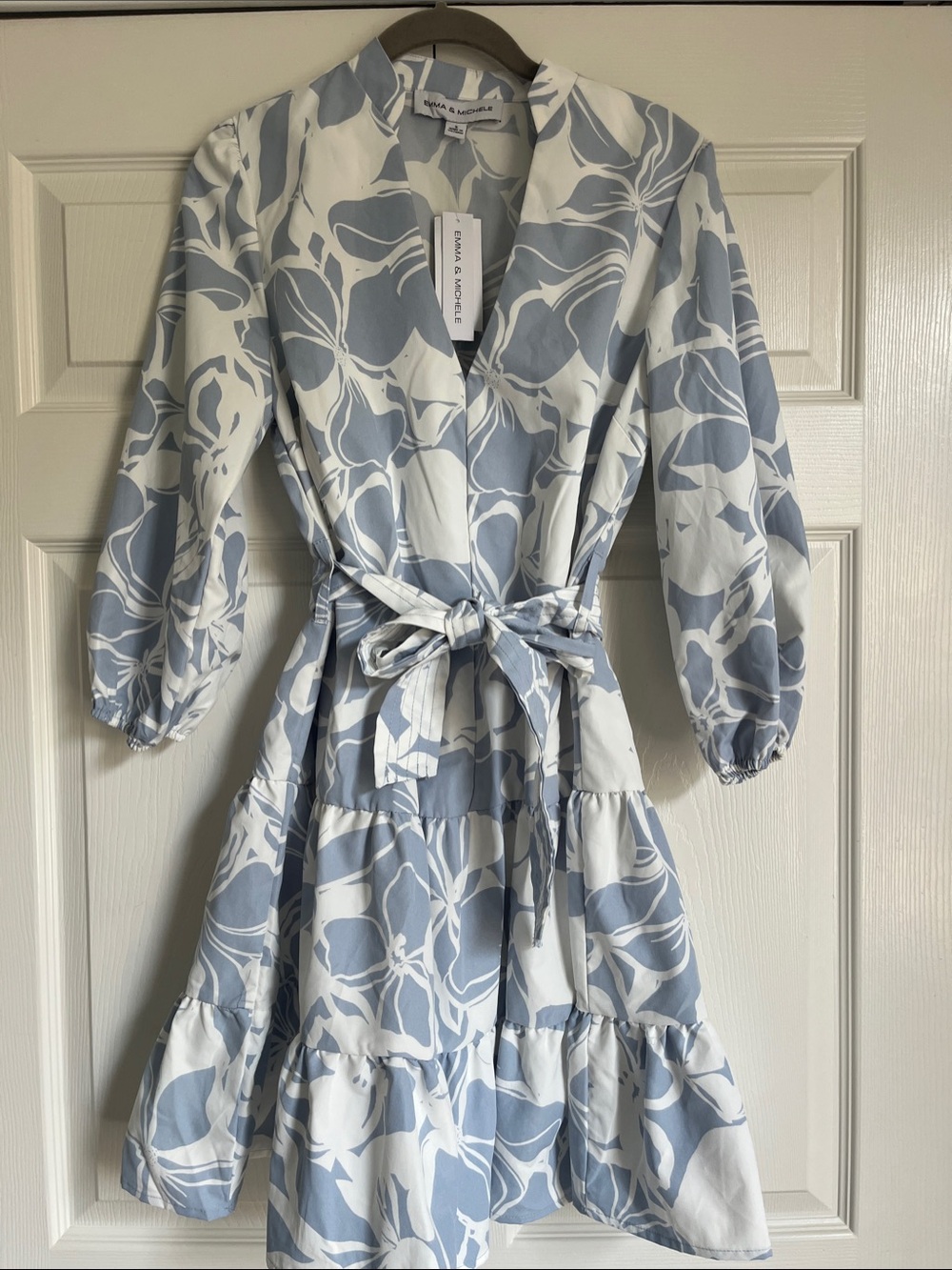 Emma & Michele Blue and White Floral Tie-Waist Mini Dress